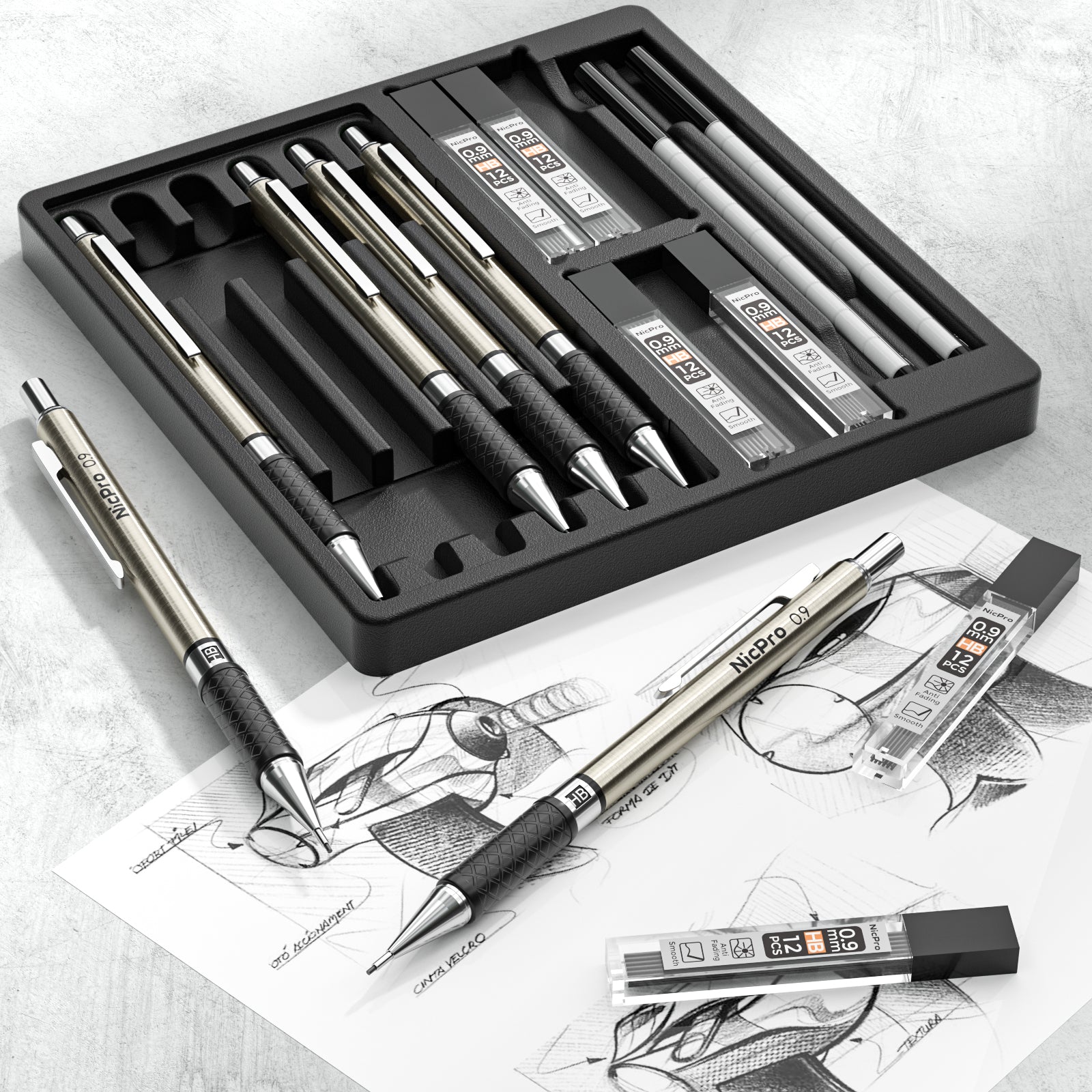 Nicpro 0.9 mm Art Mechanical Pencils Set in Gift Case, 6 PCS Metal Drafting Pencil 0.9mm with 6 Tube HB Lead Refills & 18 PCS Eraser Refills for Adults, Children, Artist Writing, Drawing, Sketching
