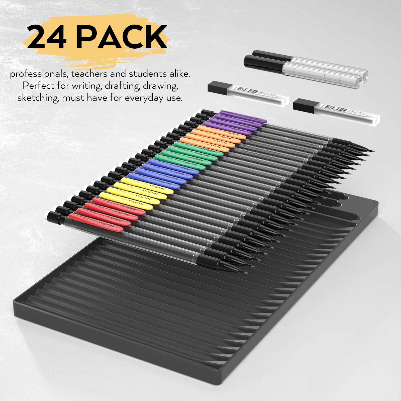 Nicpro 24 Pack 0.5 mm Mechanical Pencils Set, Lead Pencil Bulk Cute Mechanical Pencil with 2 tubes HB #2 Lead Refills & Eraser Refills for Kids Girls Art Writing, Drawing, Drafting, Sketching, School