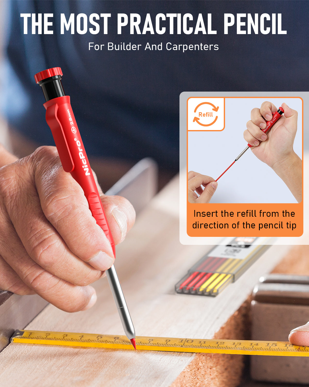 Nicpro Carpenter Pencil with Sharpener, Mechanical Carpenter Pencil Se