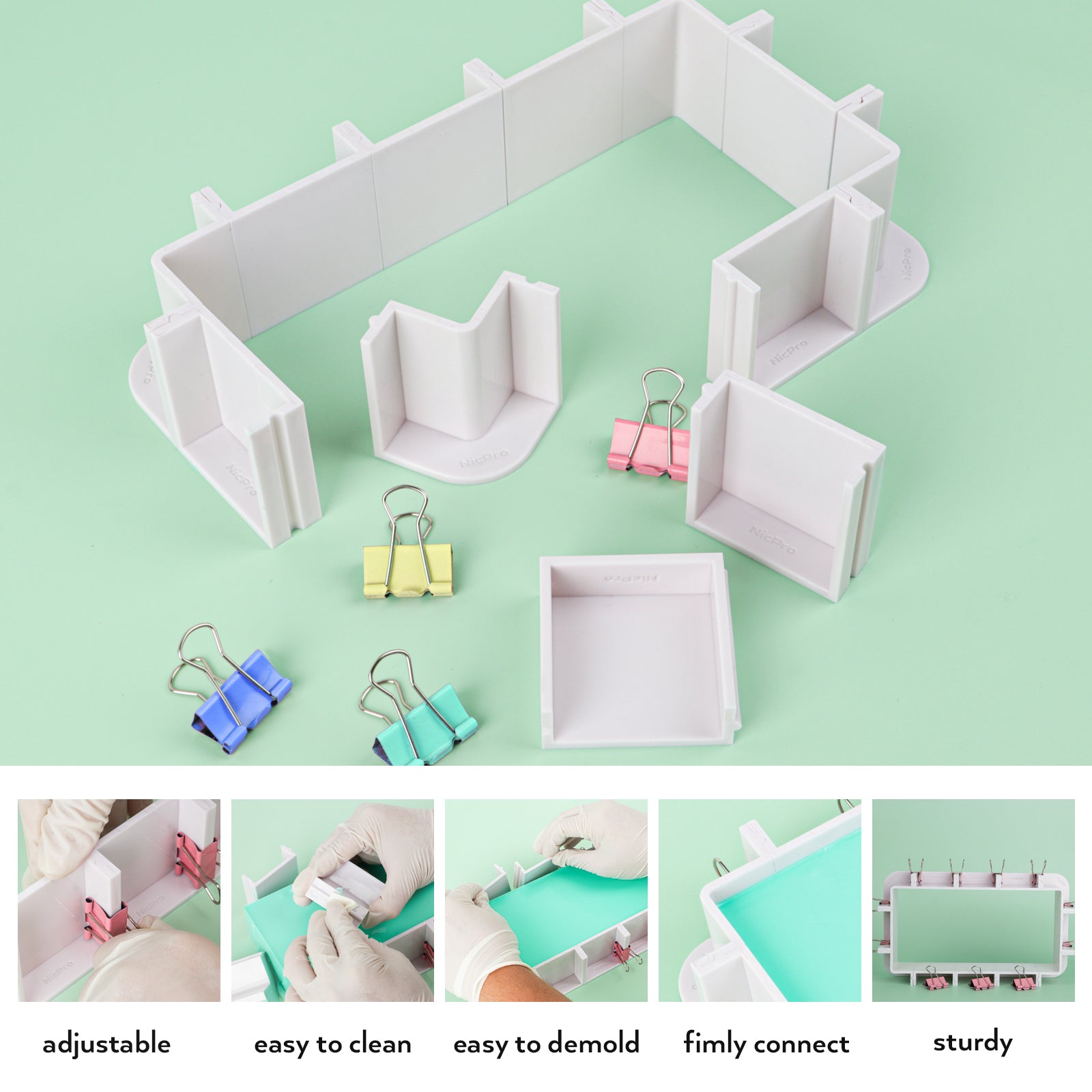 Nicpro Adjustable Molds Housing for Silicone Mold Making, Reusable Plastic Housing Frame Mold Making Silicone Rubber, for DIY Resin Molds, Soap Molds, Candle Molds with Binder Clips, Double-Sided Tape