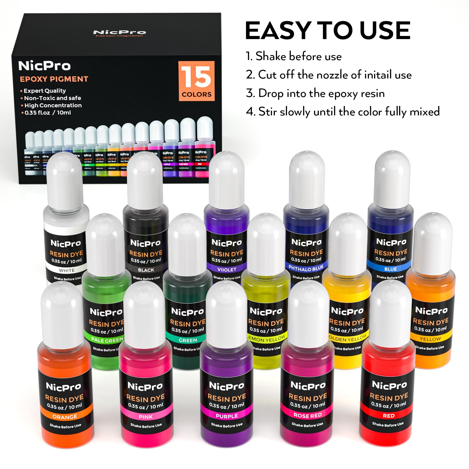 Nicpro 15 Colors Epoxy Resin Pigment, Liquid Epoxy Dye Translucent Resin Tint Colorant for Resin, DIY Jewelry Craft Paint Art Making - 0.35oz Each