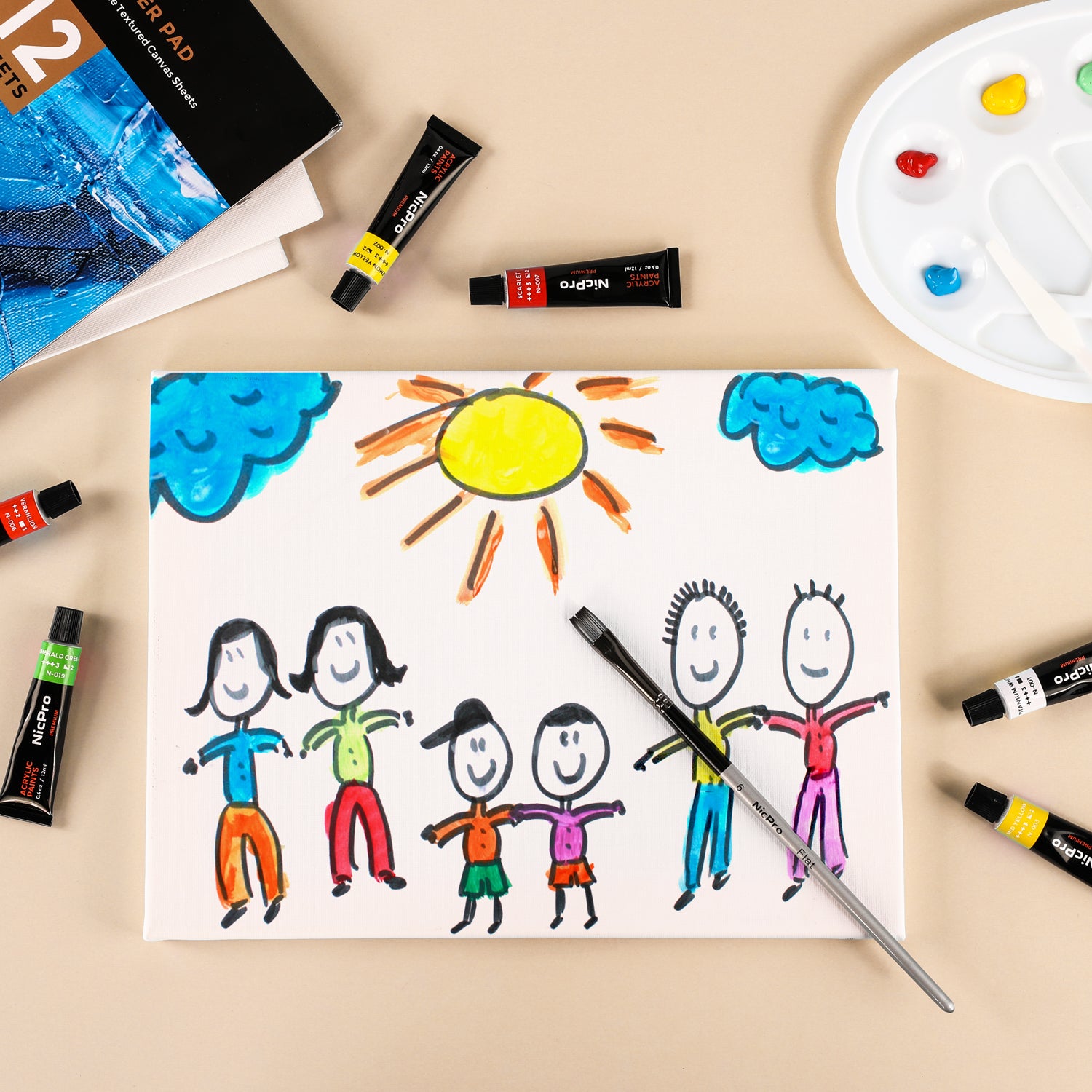 Nicpro Kid Art Set, 24 Colors Acrylic Paint，Complete Painting Supplies Kit for Boy & Girls Gift with Canvas, Smock, Painting Pad, Mixing Knives, Easel, Sponge, Mixing Tray