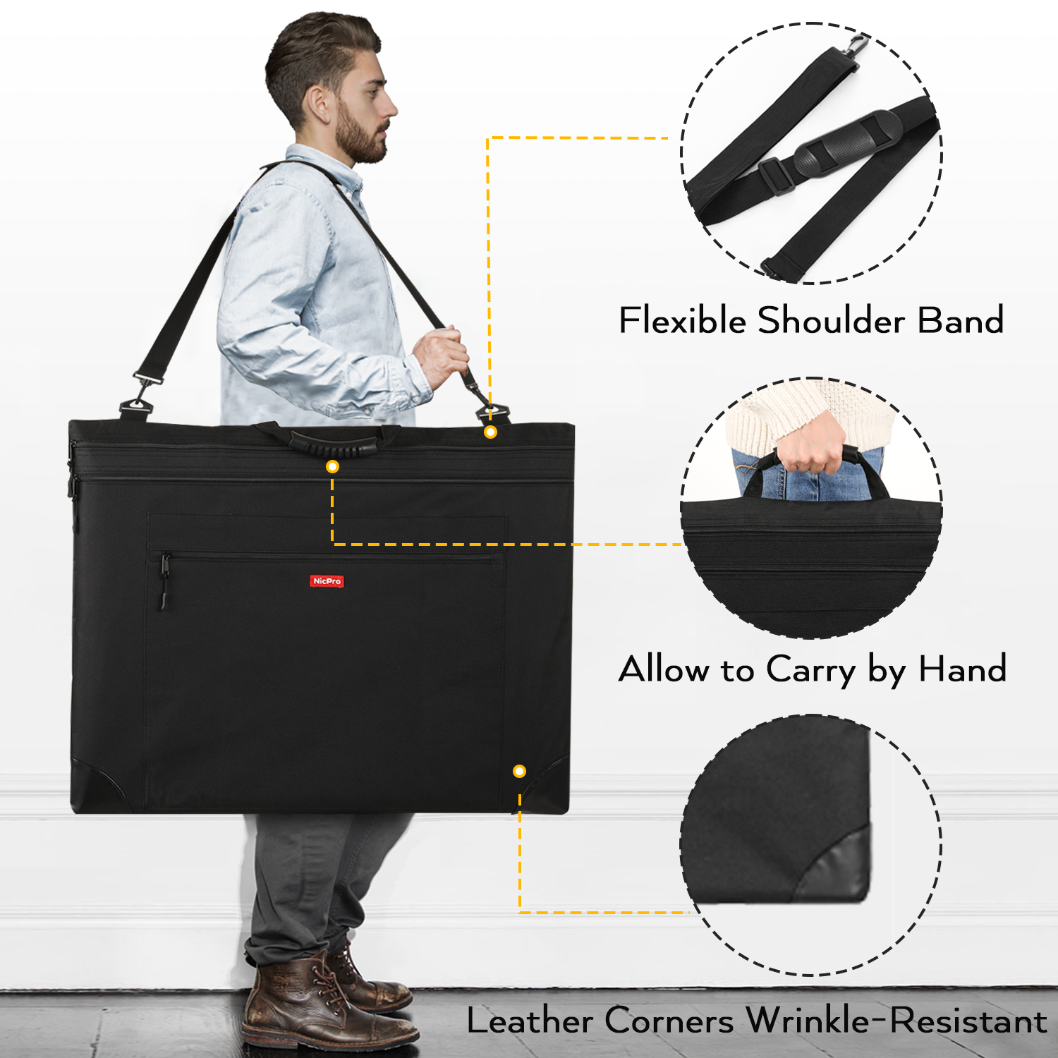 Nicpro Light Weight Art Portfolio Bag, 23x31 Black Art Canvas Portfolio Case with Detachable Shoulder Strap, Leather Corners, Carrying Storage Case for Artwork, Poster, Sketching, and Drawing