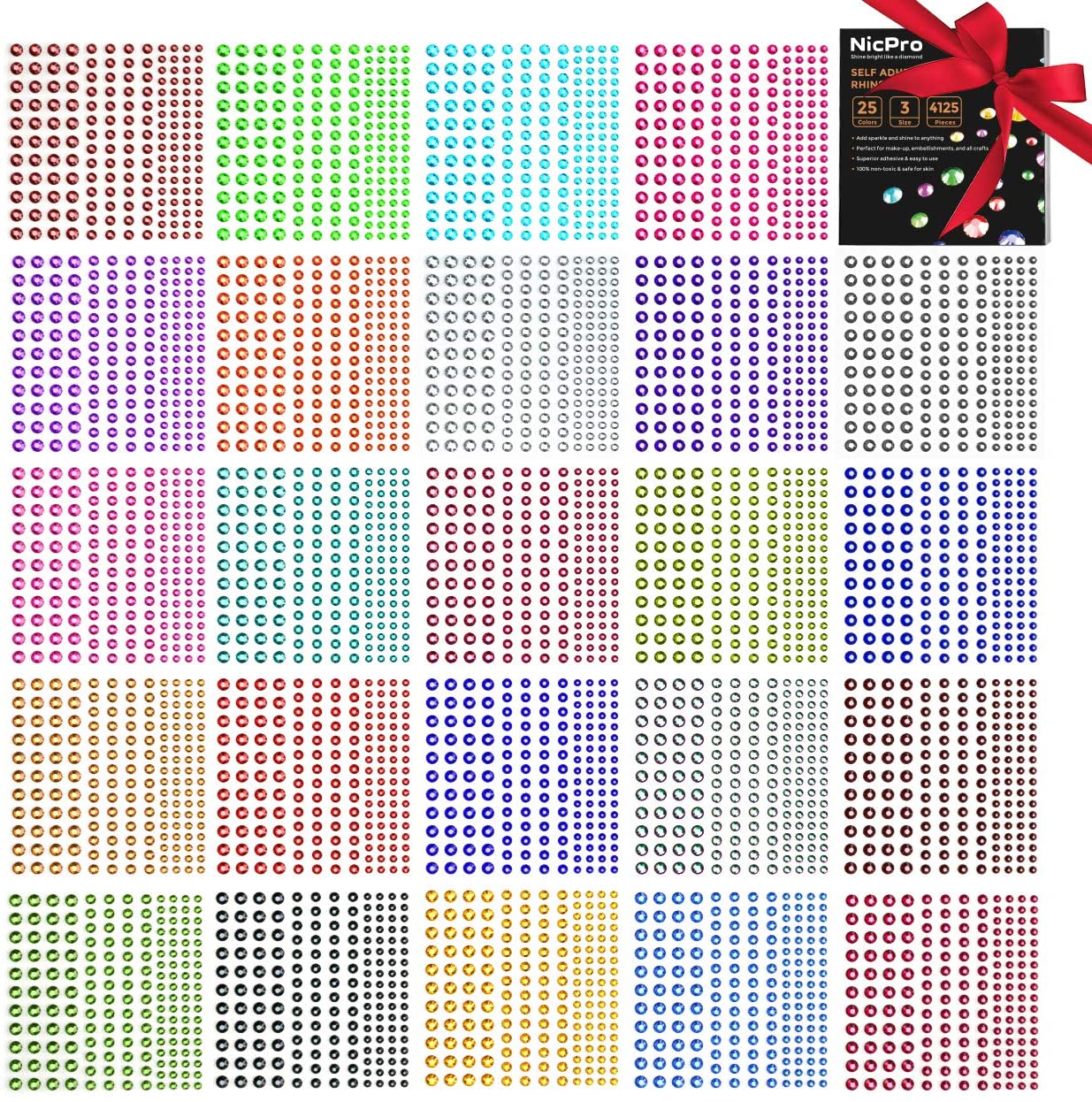 Nicpro Self-Adhesive Rhinestone Stickers Face Gems Body Jewels 4125 Pieces Crystal in 3 Size 25 Colors,25 Embellishments Sheet for Nail,Crafts,Festival,Carnival,Makeup