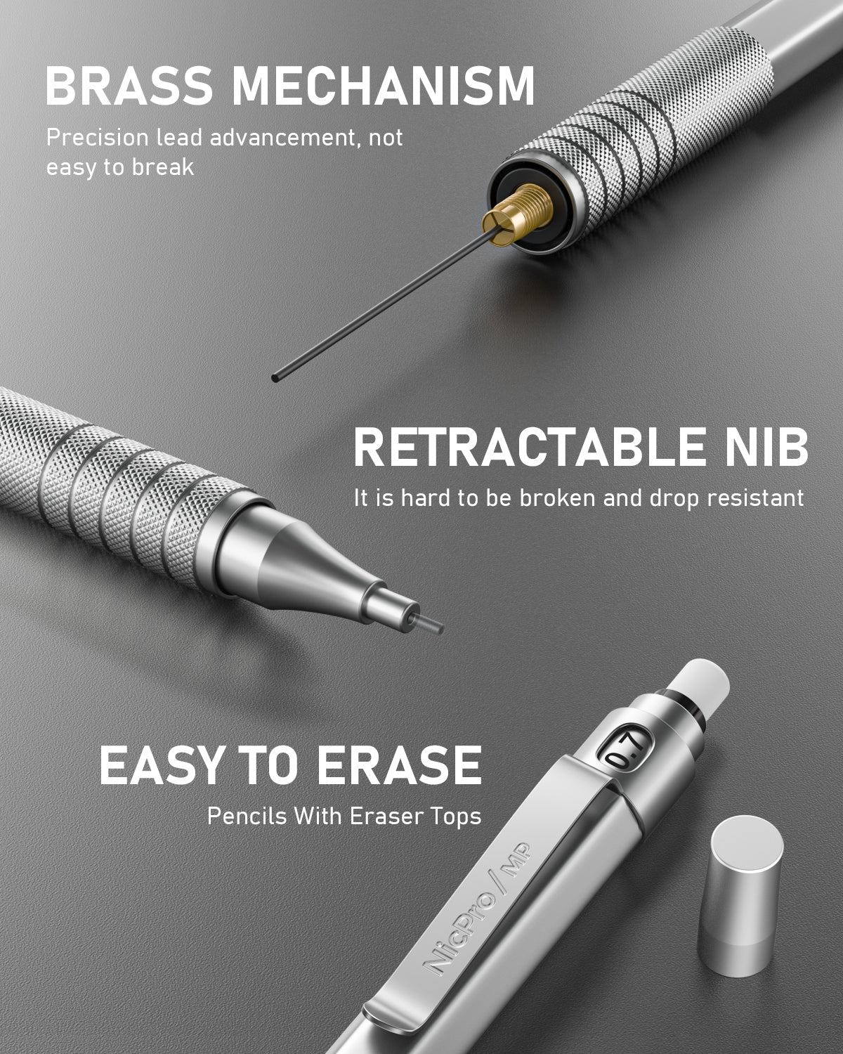 Nicpro 0.7 mm Mechanical Pencils Set, 3 PCS Metal Automatic Drafting Pencil Mechanical Pencil With 6 Tubes HB Pencil Leads And 3 Erasers For Writing Draft, Drawing, Sketch-Come With Case