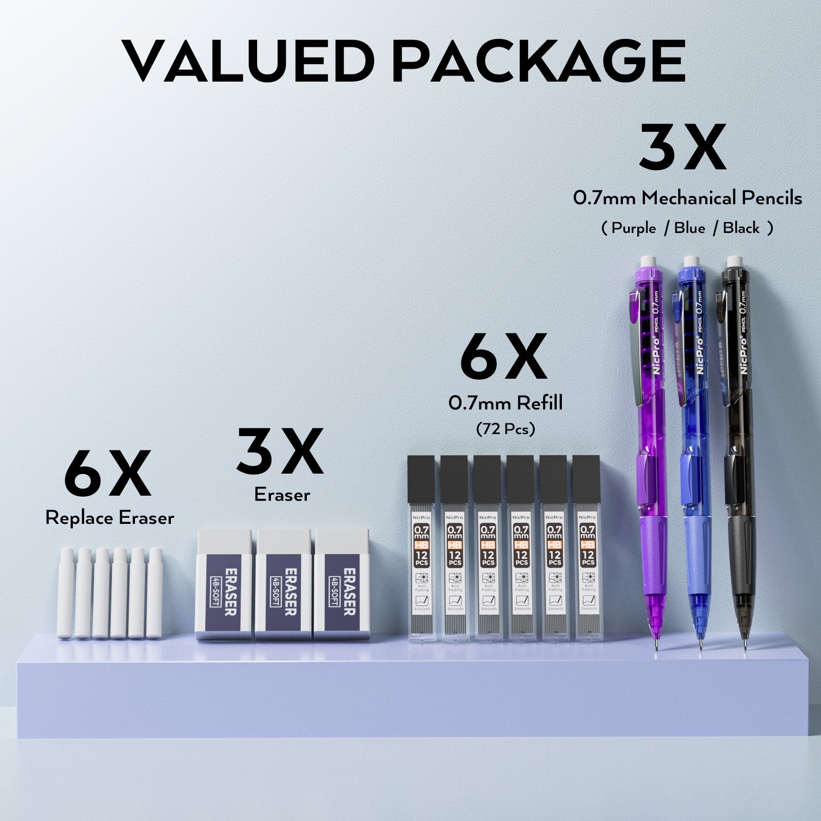 Nicpro 0.7mm Mechanical Pencil Set, 3 PCS Quick Side Click Pencil with 3 PCS Eraser and 6 Tubes Lead Refill Eraser Refills Case for Drawing, Writing, Drafting, Sketching