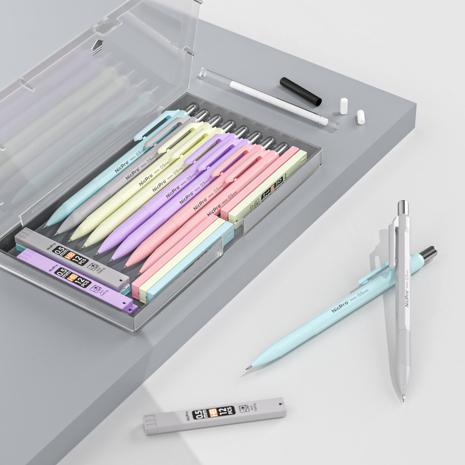 Nicpro 10 PCS 0.5 mm Mechanical Pencils Set with Case, Pastel Aesthetic Art Drafting Lead Pencils with 10 Tube HB Lead Refills, Eraser for School Students Artist Writing Drawing, Sketching