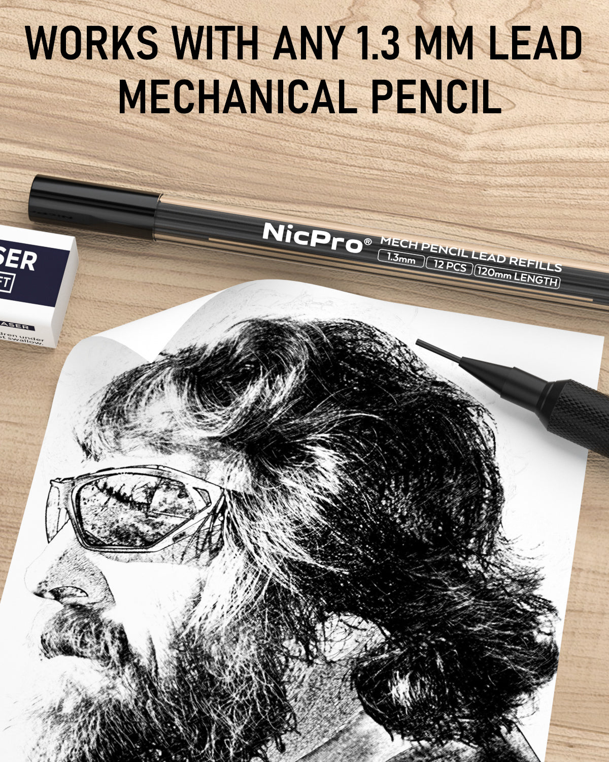 Nicpro 36 PCS 1.3 mm Lead Refills, Break Resistant Weatherproof Mechanical Pencil Refills 1.3 mm (2B), 12 Pack Per Tube, Lead Length 120mm, 3 Tubes- Graphite Lead Black