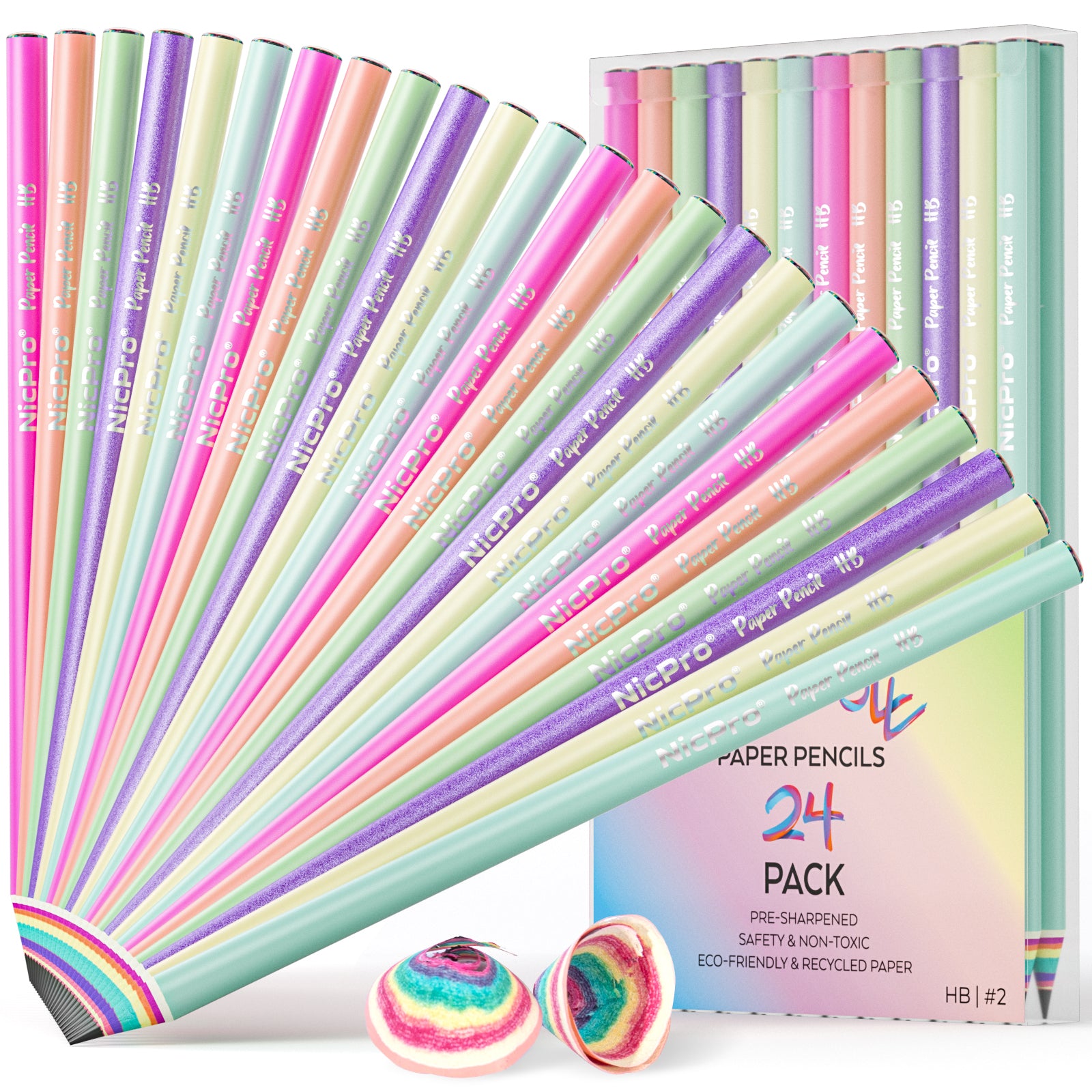 Nicpro 24PCS Rainbow Pencils HB #2, Cute Pastel Pencils Pre-Sharpened Wooden Pencils, Break-Resistant & Eco-friendly Recycled Paper Pencil For Kids Student Drawing Writing, School Supplies, 6 Colors