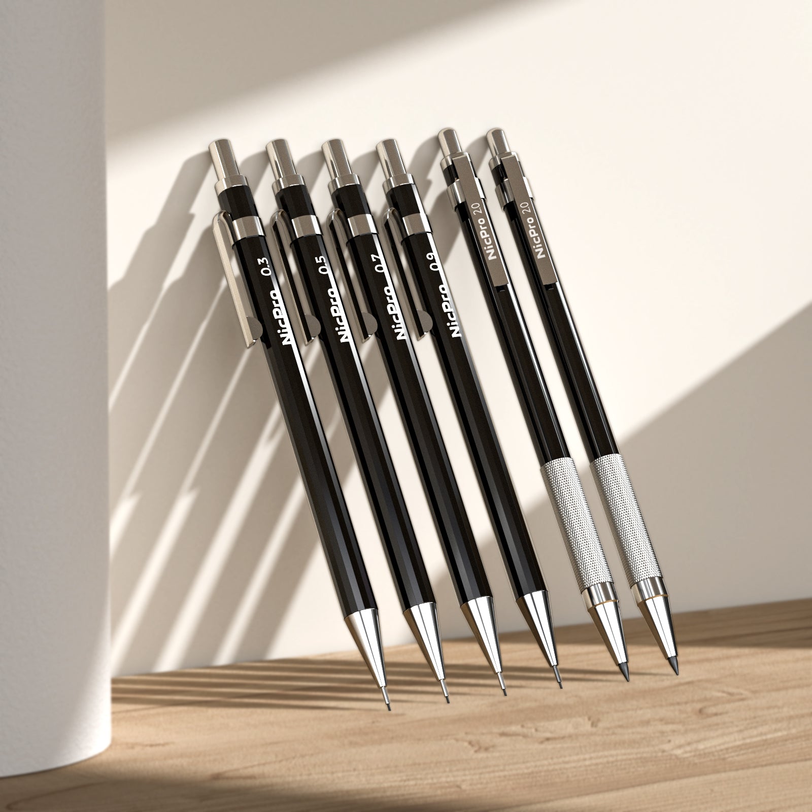 Nicpro 6 PCS Art Mechanical Pencils Set, Black Metal Drafting Pencil 0.3, 0.5, 0.7, 0.9 mm & 2PCS 2mm Graphite Lead Holder(4B 2B HB 2H) For Writing Sketching Drawing With 8 Lead Refills Eraser Case