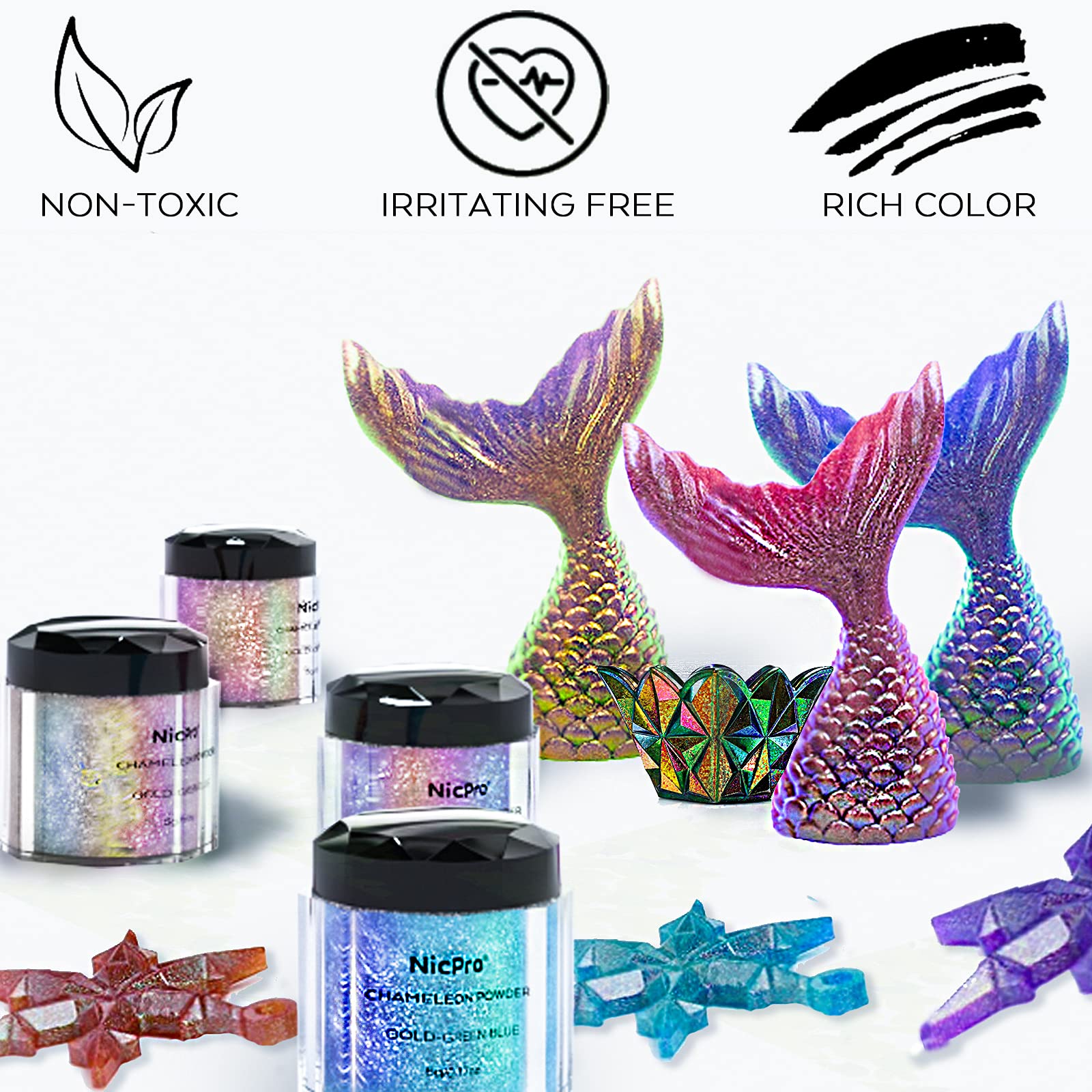 Nicpro 8 Color Chameleon Powder Pigment Set, Updated Mica Powder for Epoxy Resin, Soap Making, Candle Making, Bath Bombs, Slime, Flakes Eyeshadow, Nail Art, Christmas Makeup (0.17 oz/jar)